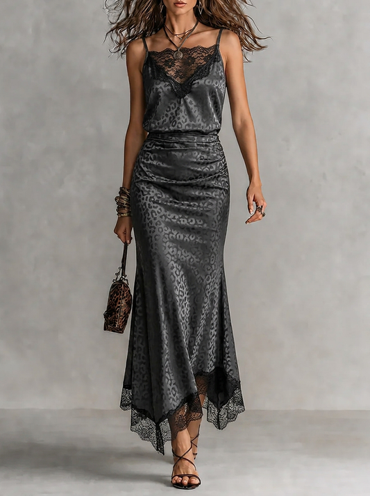 Leopard Print Lace Trim Satin Slip Midi Dress