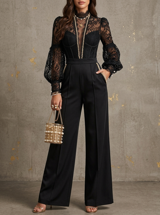 Lace Pearl Trim High Neck Wide Leg Jumpsuit