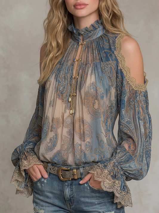 Paisley Print Cold Shoulder Ruffle Lace Blouse