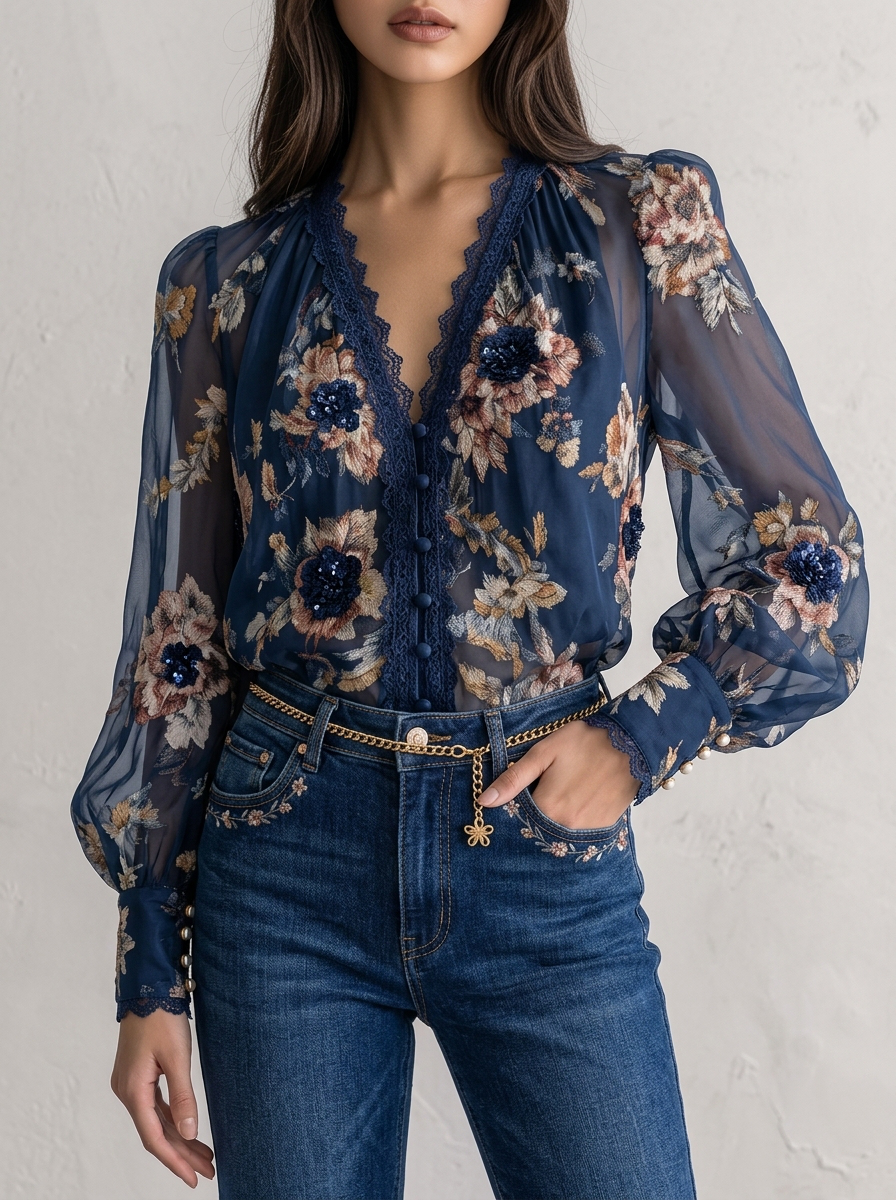 Sequin Floral Embroidered Lace V-Neck Blouse