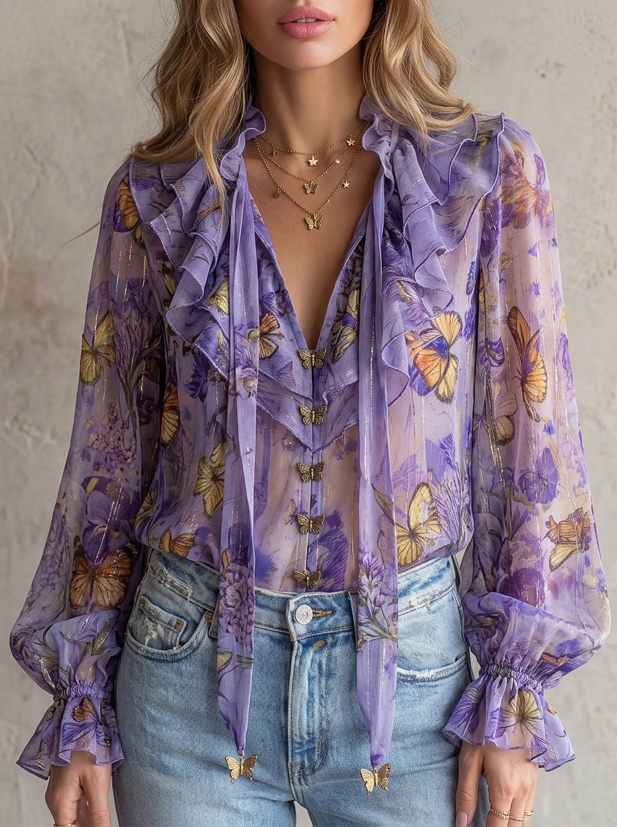 Butterfly Print Ruffle Tie Neck Blouse
