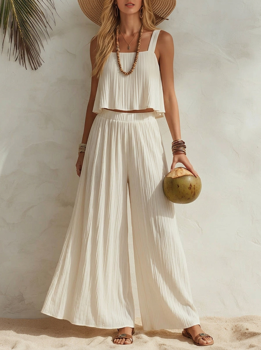 Pleated Crop Cami Top & Wide Leg Pants Set
