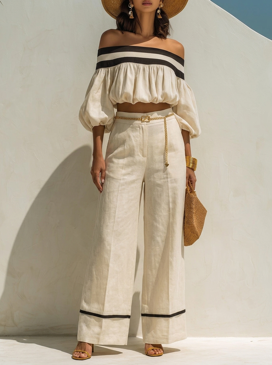 Contrast Trim Off-Shoulder Top & Wide Leg Pants Set