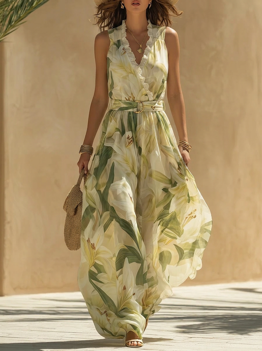 Lily Print Ruffled V-Neck Tie-Waist Dress