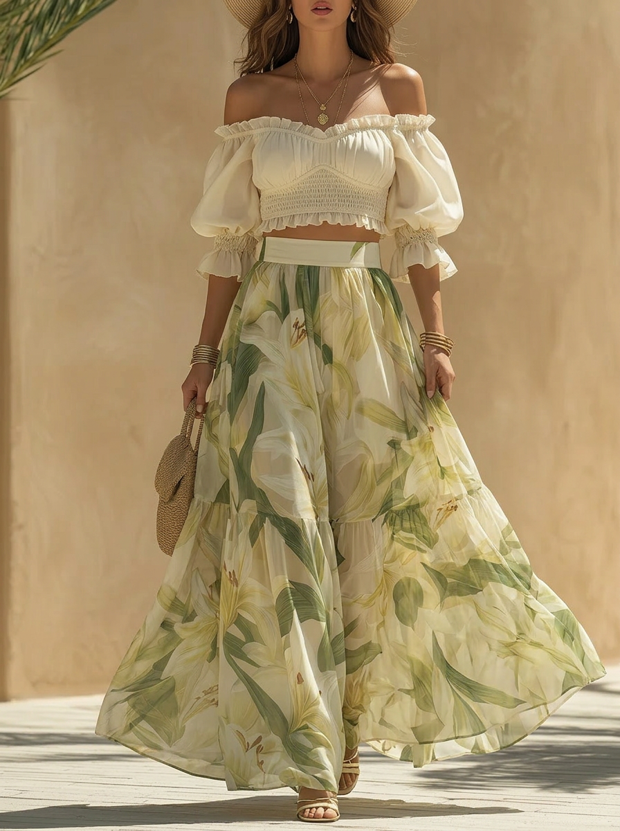 Off-Shoulder Crop Top & Lily Floral Maxi Skirt Set