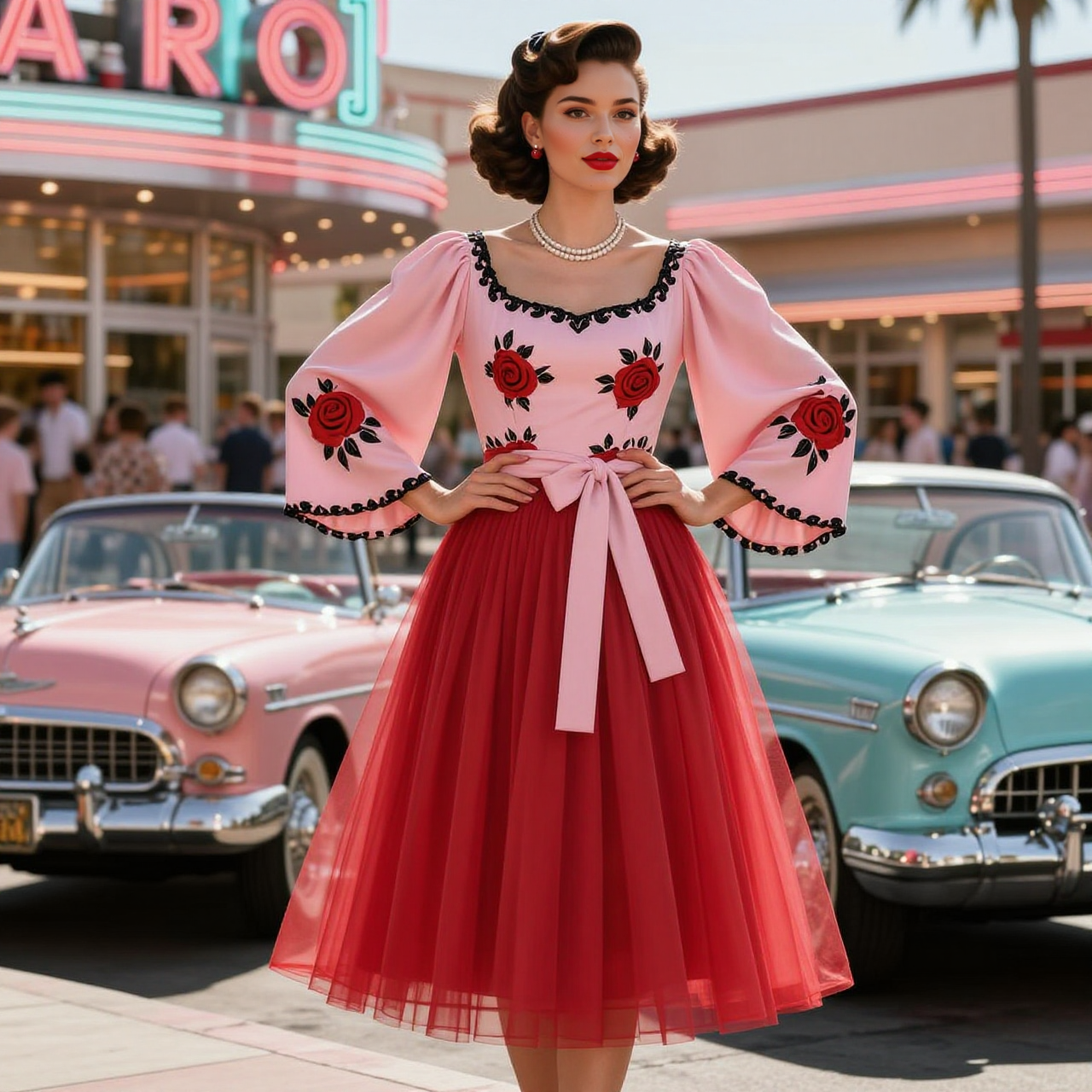 Rose Embroidered Puff Sleeve Tulle Midi Dress