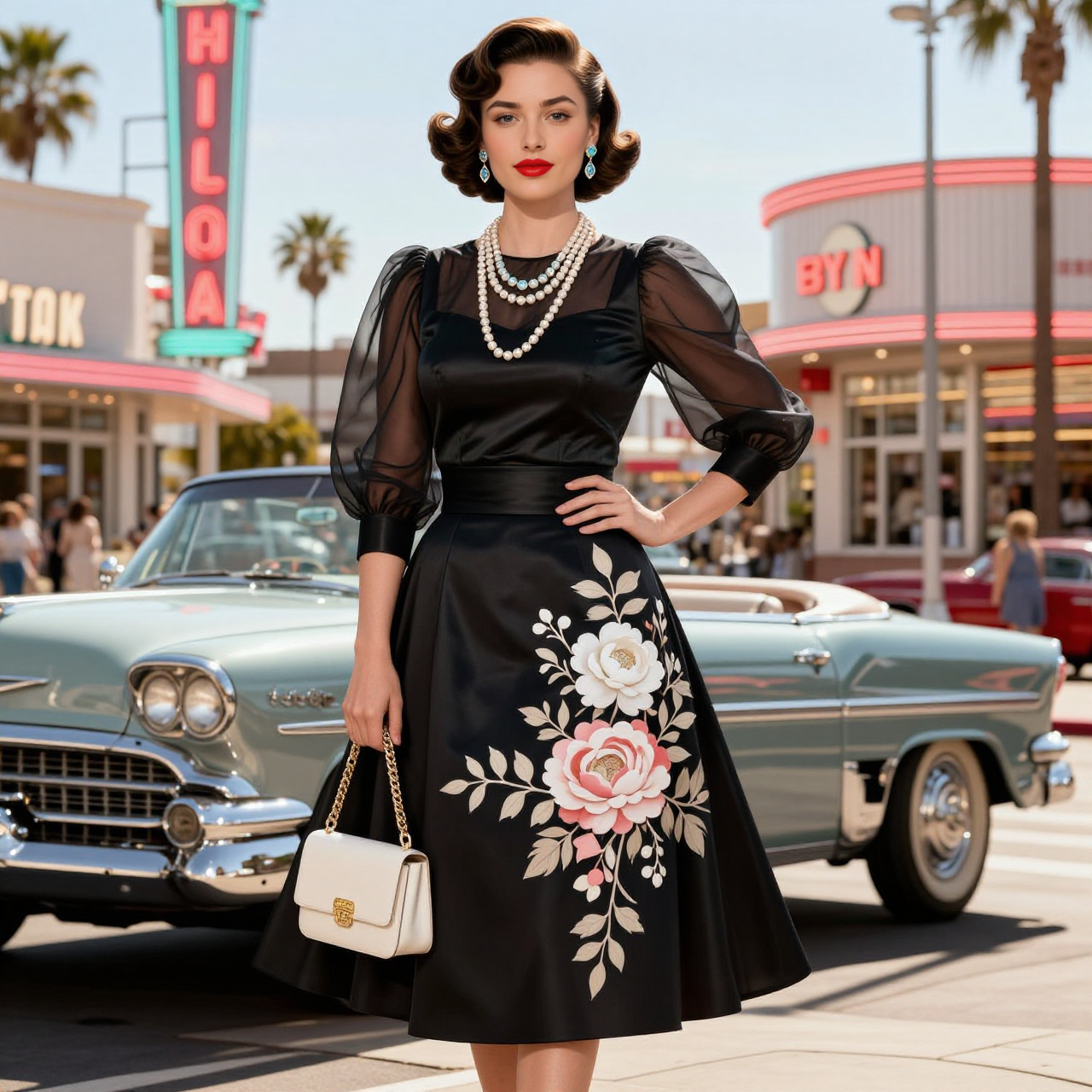Sheer Sleeve Embroidered Floral Black Dress