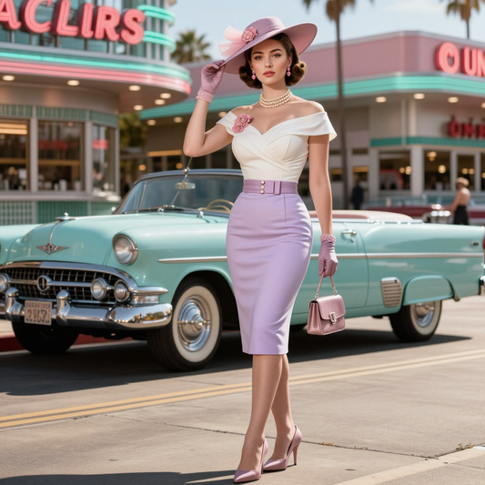 Off Shoulder Top And Lavender Pencil Skirt With Hat