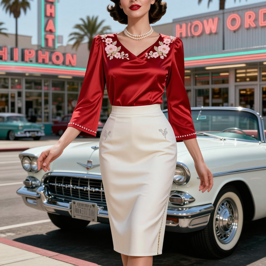 Embroidered Red Satin Top And White Pencil Skirt Set
