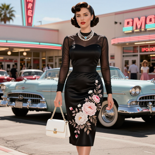 Floral Embroidered Sheer Sleeve Satin Pencil Dress