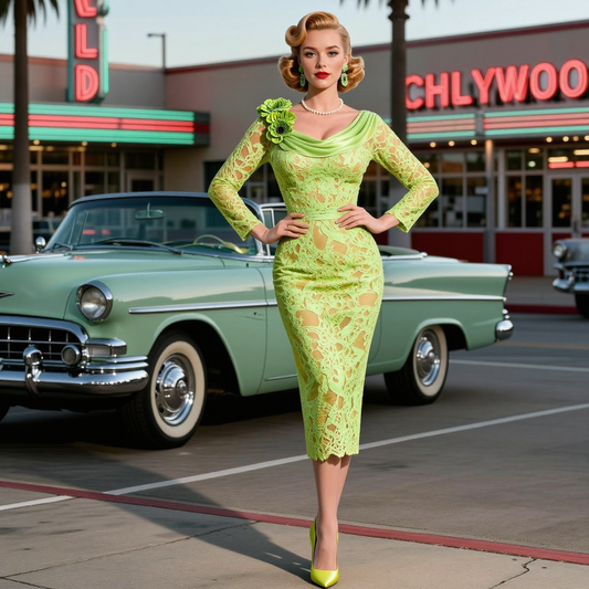 Lime Green Lace Pencil Dress With Flower Detail