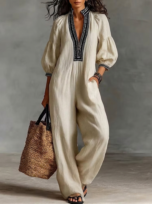 Embroidered Trim Puff Sleeve Linen Jumpsuit