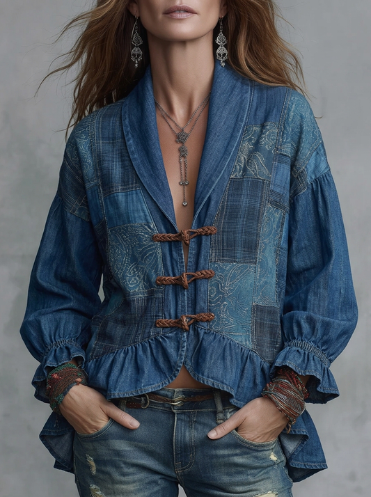 Patchwork Denim Toggle Ruffle Jacket