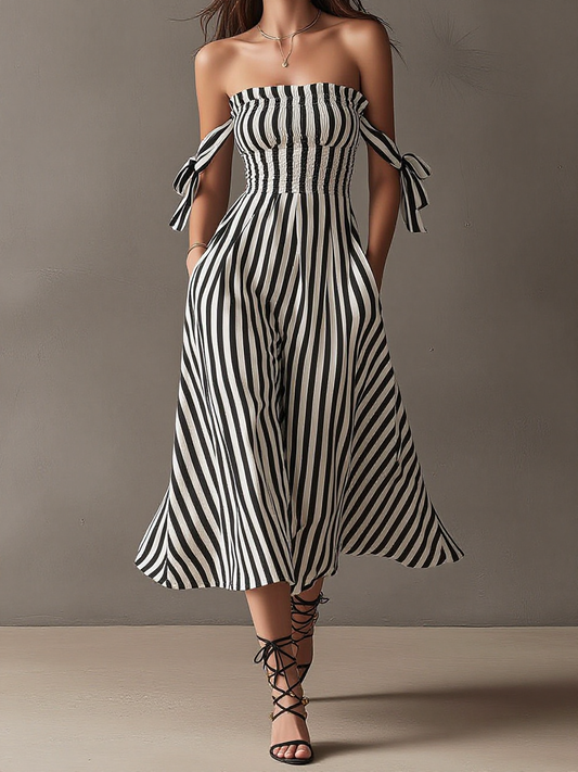 Striped Off-Shoulder Smocked Wide Leg Jumpsuit