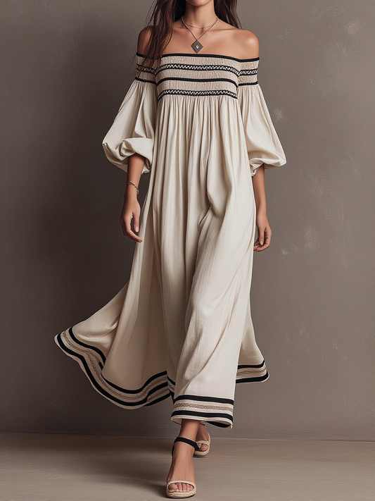 Off-Shoulder Embroidered Trim Maxi Dress