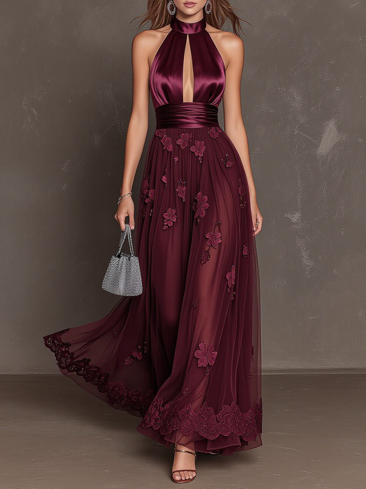 Halter Satin Floral Lace Tulle Gown