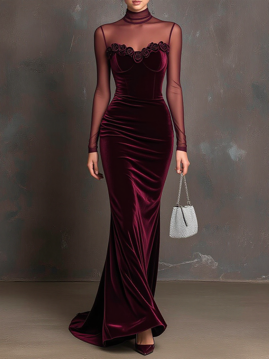 Sheer Turtleneck Velvet Rose Mermaid Gown