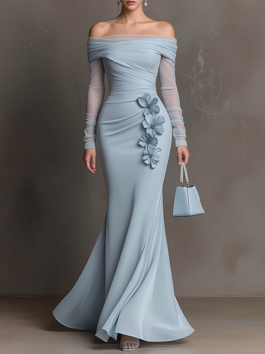 Off-Shoulder 3D Flower Mermaid Gown
