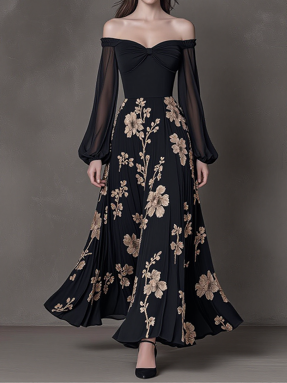 Off-Shoulder Floral Embroidered Maxi Dress