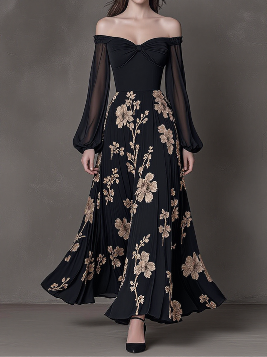 Off-Shoulder Floral Embroidered Maxi Dress