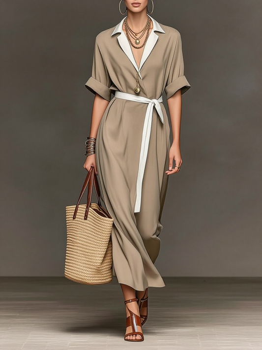 Belted Contrast Collar Shirt Dress
