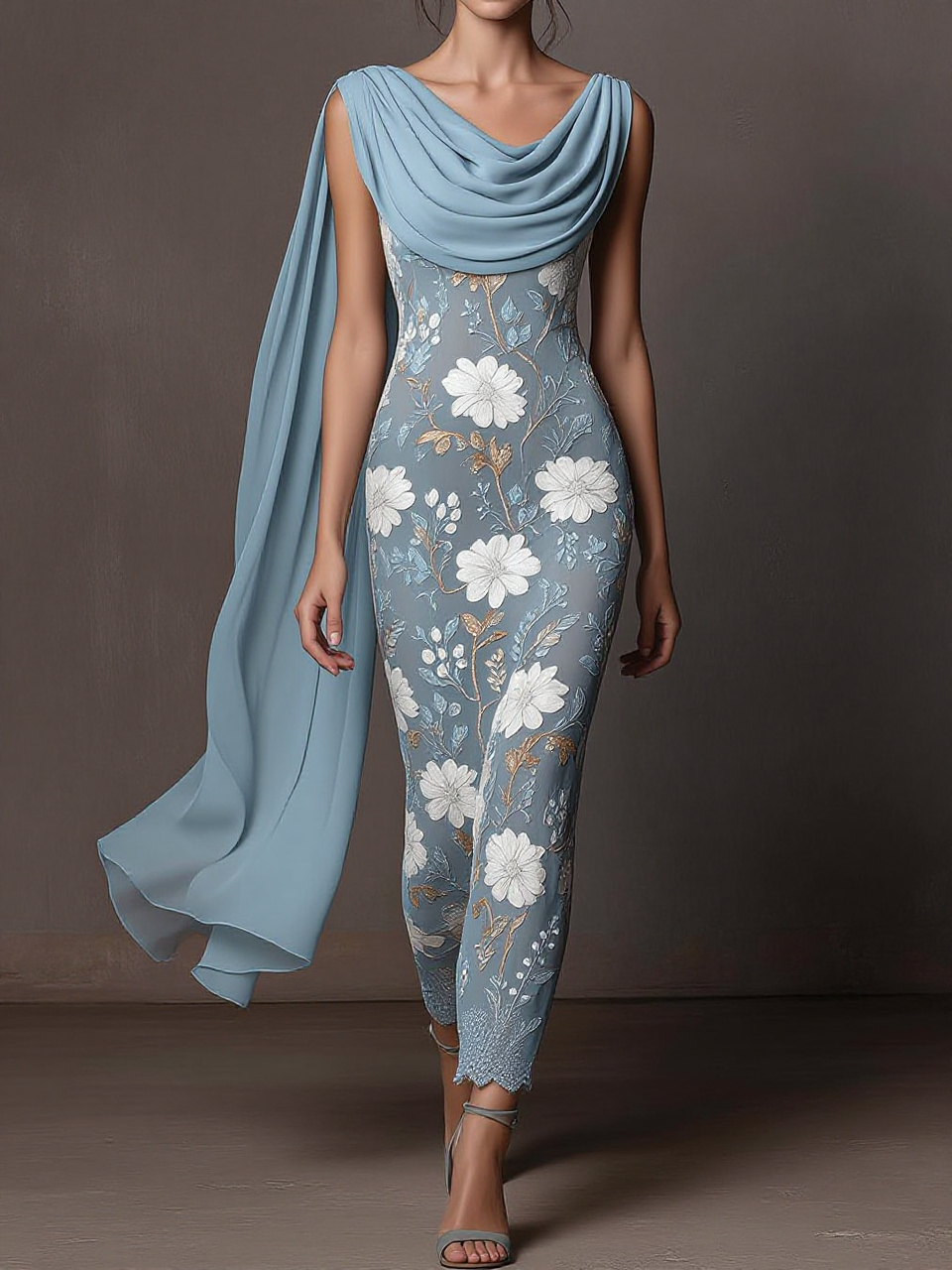 Draped Cowl Neck Floral Lace Sheath Dress