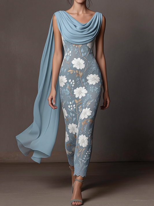 Draped Cowl Neck Floral Lace Sheath Dress