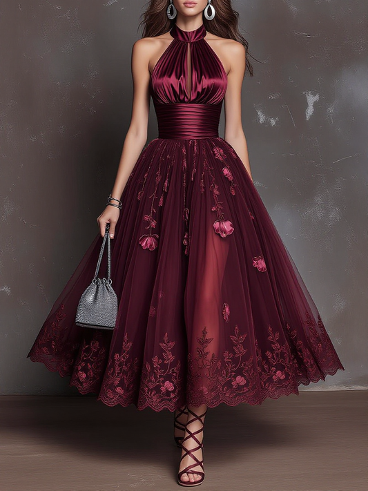 Halter Satin Floral Tulle Midi Gown