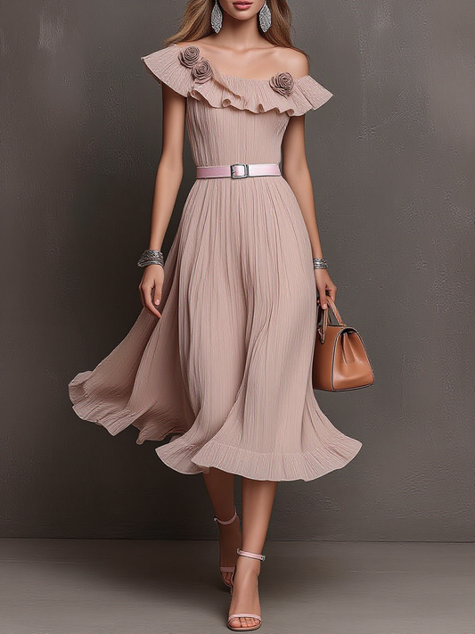 Off-Shoulder Ruffle Rose Belted Midi Dress