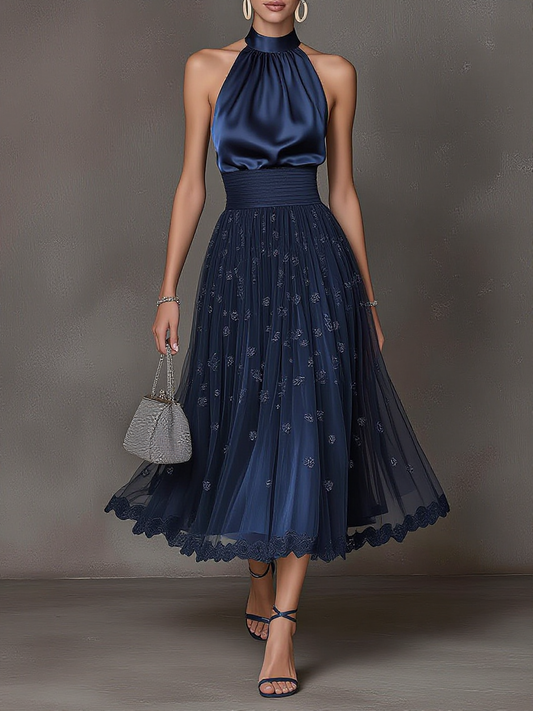 Halter Satin Floral Tulle Midi Dress