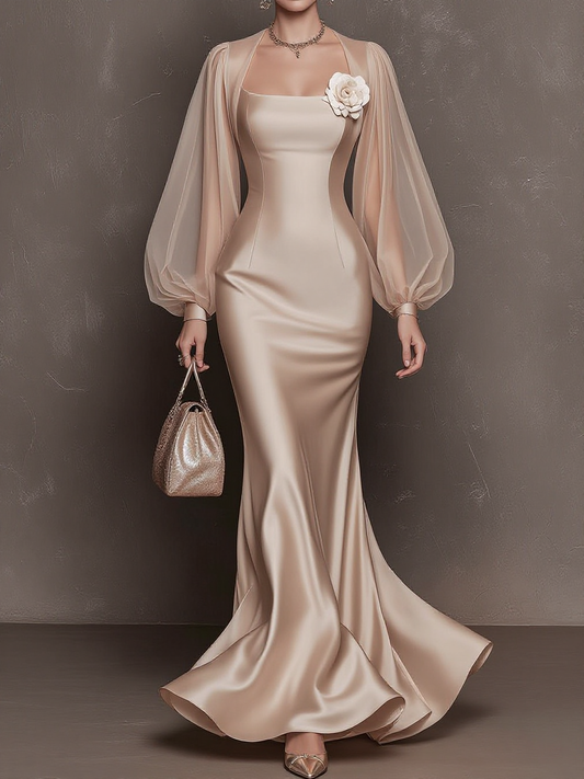 Sheer Puff Sleeve Satin Mermaid Gown