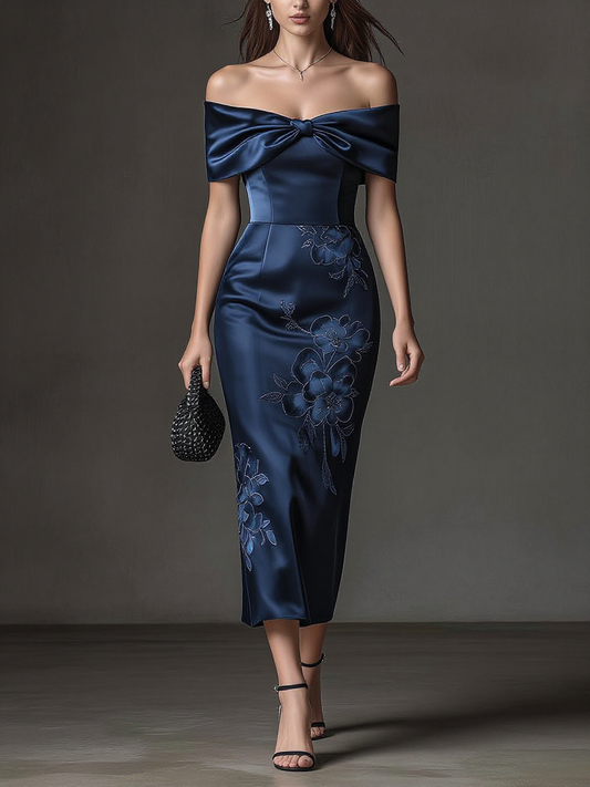 Off-Shoulder Bow Satin Floral Midi Dress