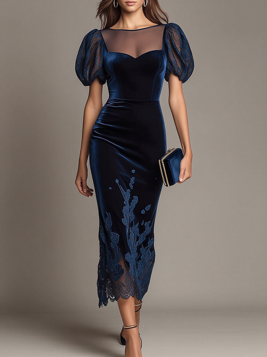 Sheer Puff Sleeve Velvet Lace Midi Dress