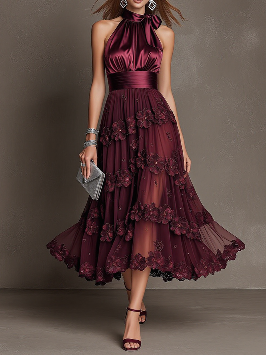 Halter Bow Tiered Floral Tulle Midi Dress