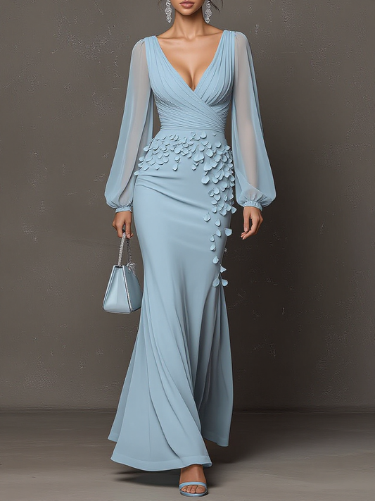 Pleated V-Neck Petal Detail Mermaid Gown