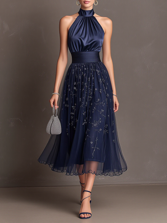 Halter Satin Floral Embroidered Tulle Midi Dress