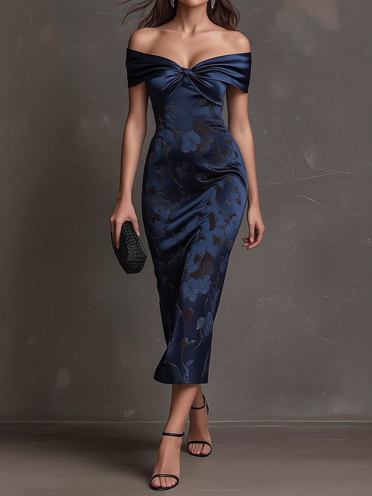 Off-Shoulder Twist Satin Floral Jacquard Midi Dress