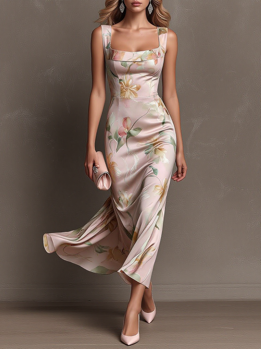 Square Neck Floral Print Satin Maxi Dress