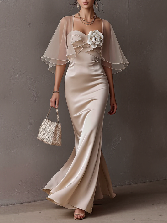 Strapless Satin Gown With Sheer Cape Shrug