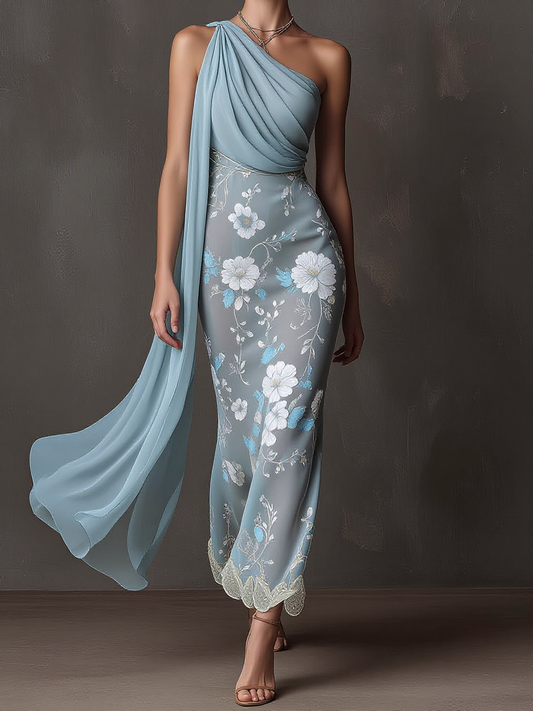 One-Shoulder Draped Floral Lace Midi Dress
