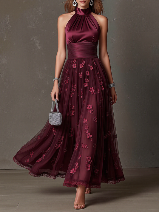 Halter Satin 3D Floral Tulle Maxi Dress
