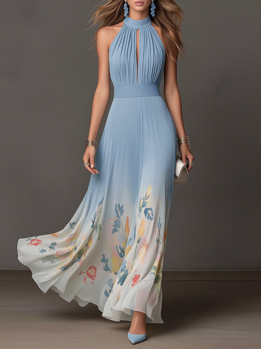 Halter Ombre Floral Print Chiffon Maxi Dress