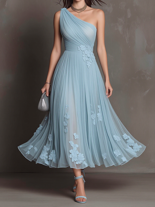 One-Shoulder Pleated Floral Applique Tulle Midi Dress
