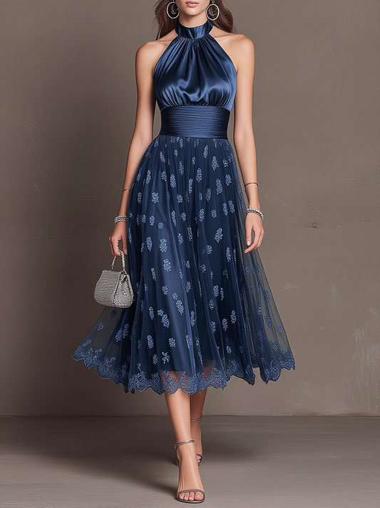 Halter Satin Floral Embroidered Tulle Midi Dress