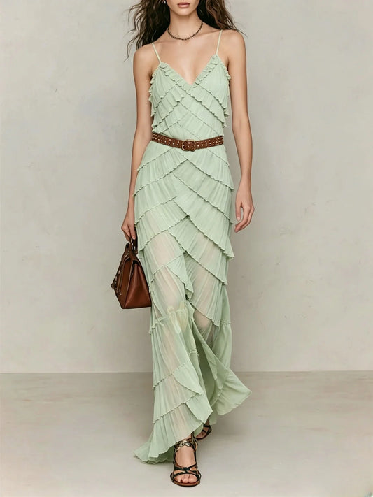 Tiered Ruffle Spaghetti Strap Chiffon Maxi Dress