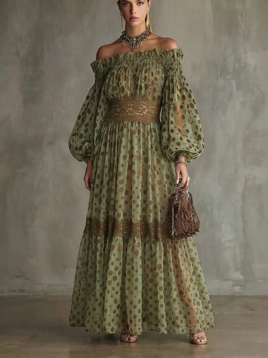 Off Shoulder Polka Dot Lace Waist Maxi Dress
