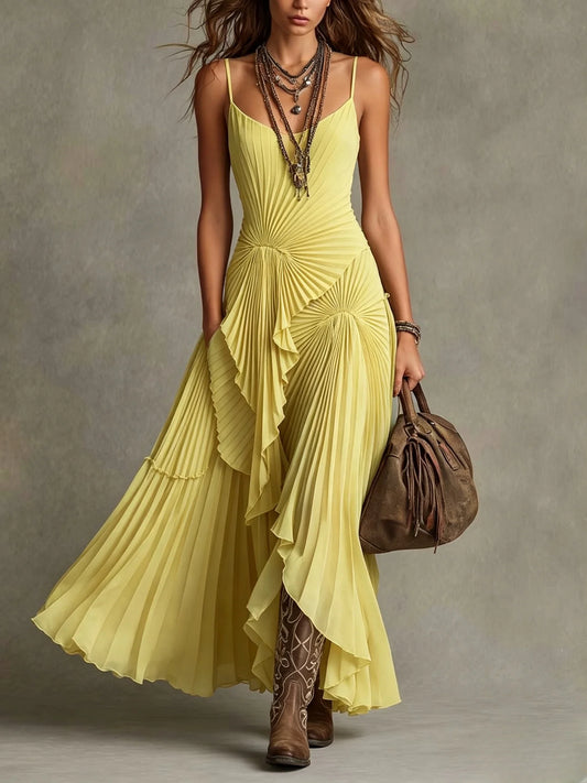 Sunburst Pleated Spaghetti Strap Maxi Dress