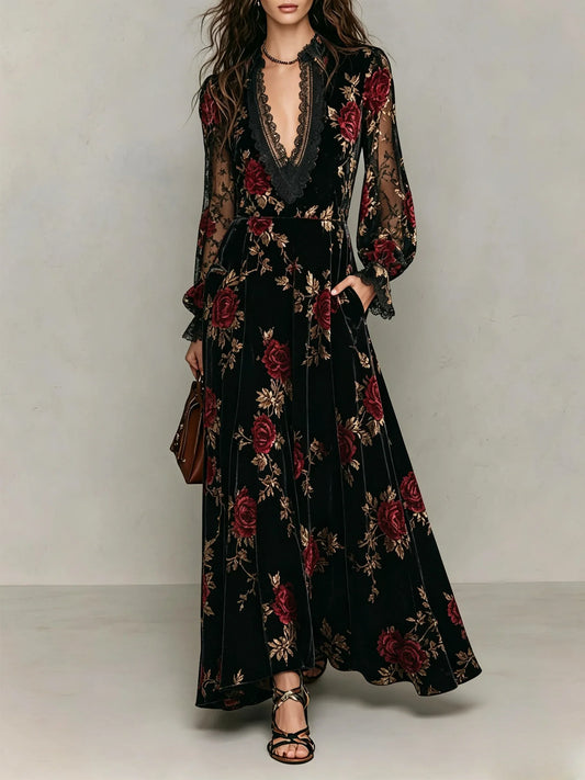 Velvet Rose Print Deep V Lace Maxi Dress
