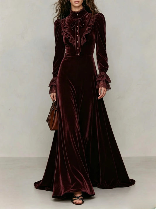 Velvet High Neck Bow Victorian Maxi Dress
