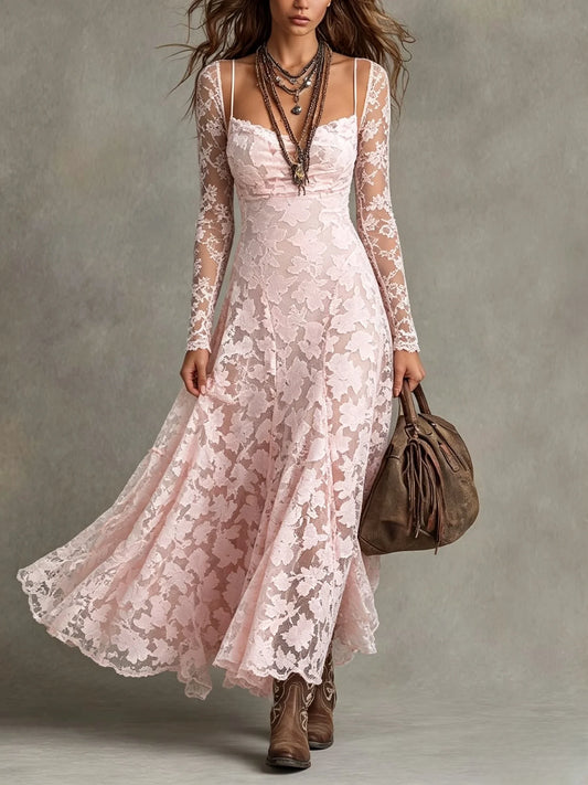 Floral Lace Spaghetti Strap Long Sleeve Maxi Dress